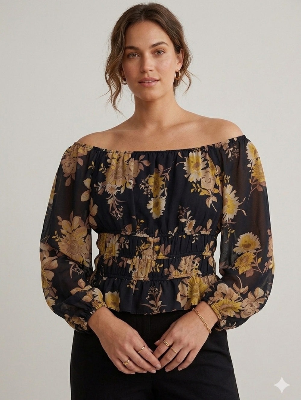 LOST + WANDER BLACK FLORAL OFF SHOULDER BLOUSE SMOCKED WAIST SHEER SLEEVE SIZE S